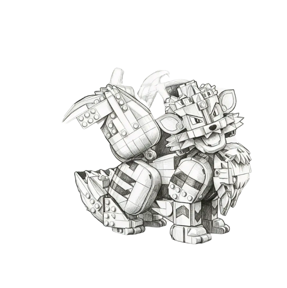 A detailed pencil sketch of a mechanical blocky tiger figurine made from interlocking building block pieces
