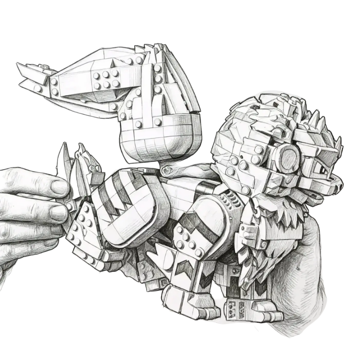 A detailed pencil sketch of a lego-built mechanical dragon with intricate gear-like armor in a building block style