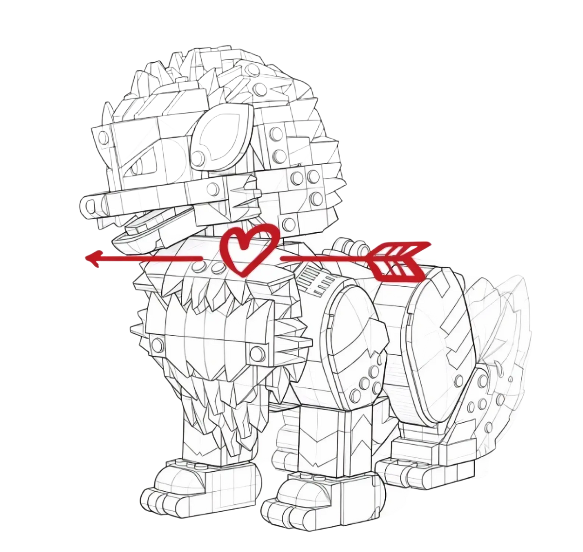 A mechanical lion building block toy model with detailed armored design and sharp angular features in gold color