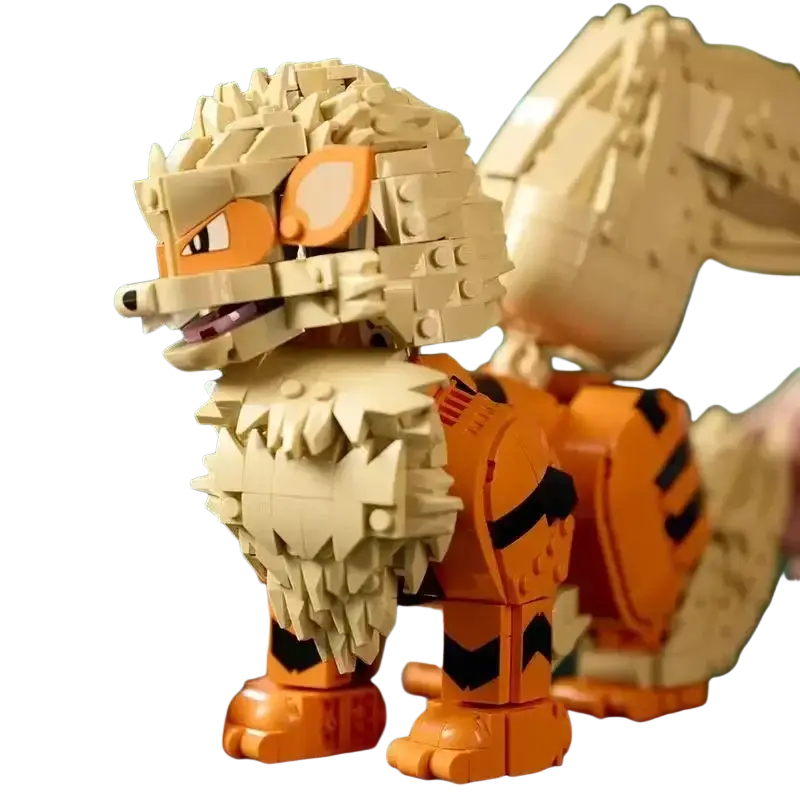Building block puppy toy model featuring a tan and orange lego arcanine with detailed black leg stripes