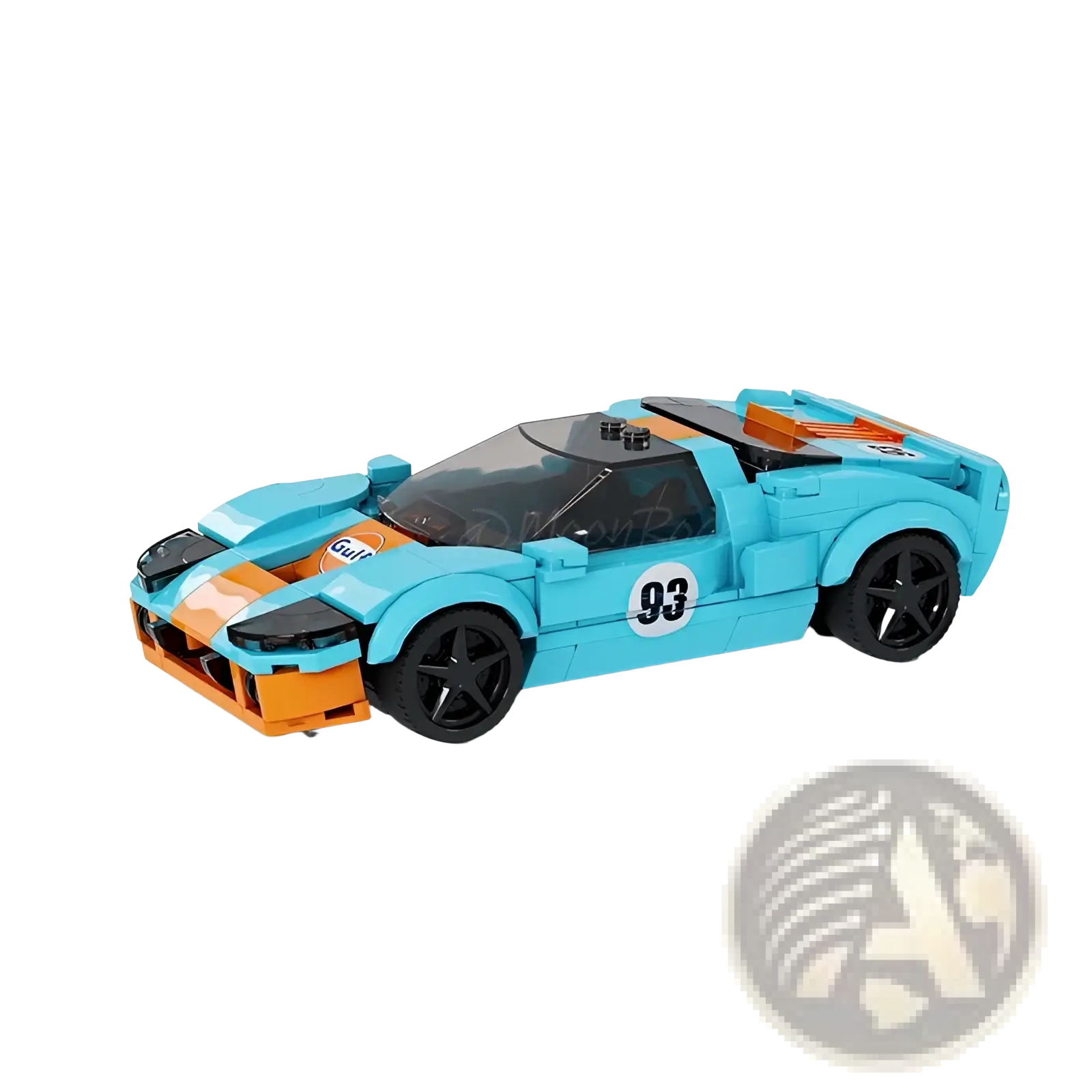 Building block race car model toy 264 pieces in turquoise and orange with gulf logo and number 93 on black wheels
