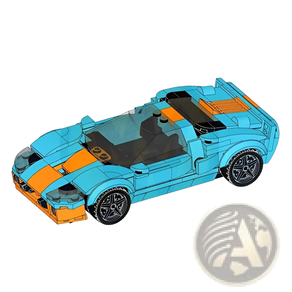 Building block race car model toy featuring a turquoise and orange lego-style sports car with black tires and detailed interior