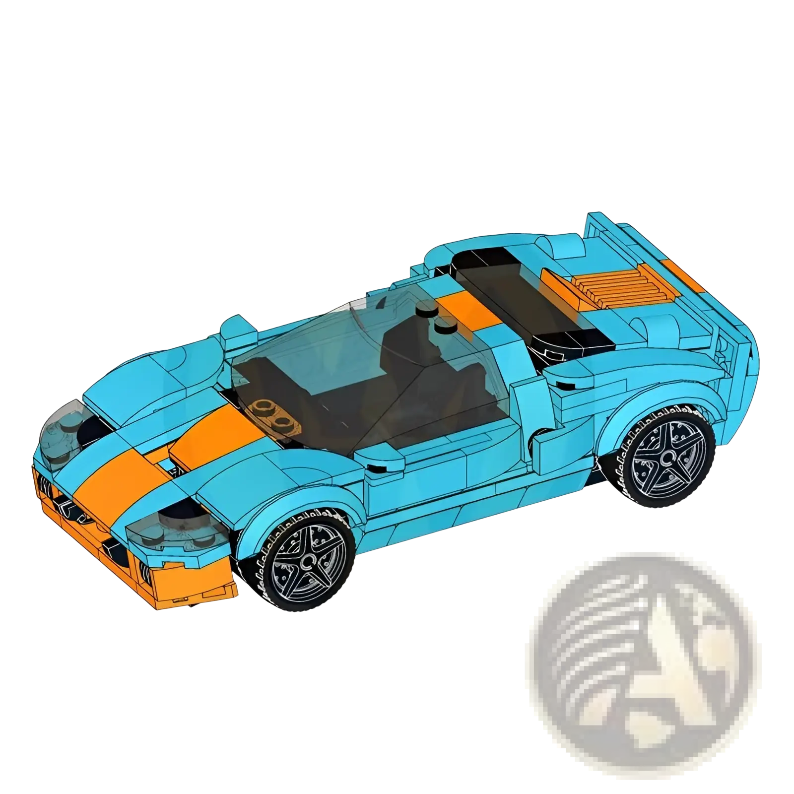 Building block race car model toy featuring a turquoise and orange lego-style sports car with black tires and detailed interior