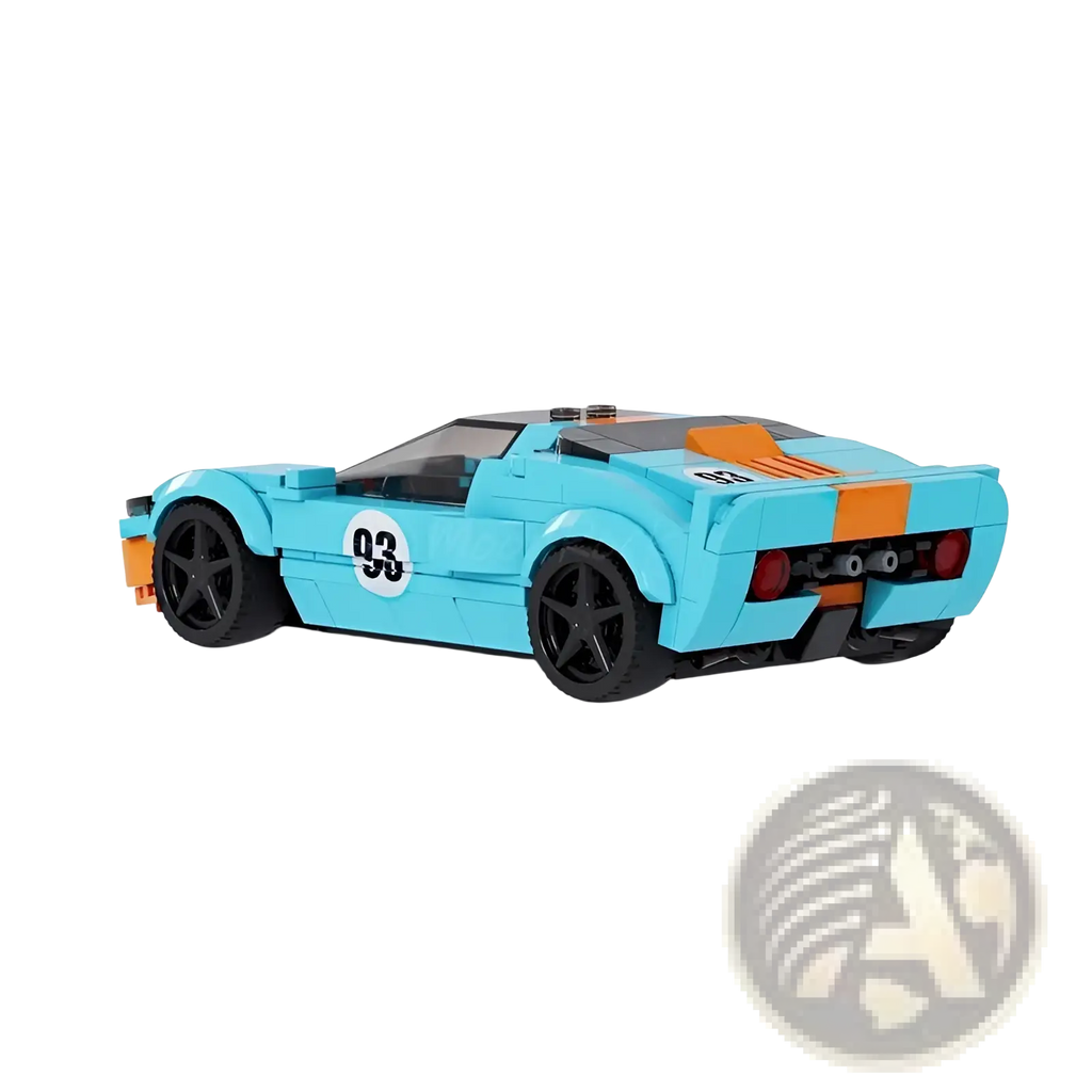 Light blue and orange lego race car model toy with black wheels made of 264 building block pieces for assembly