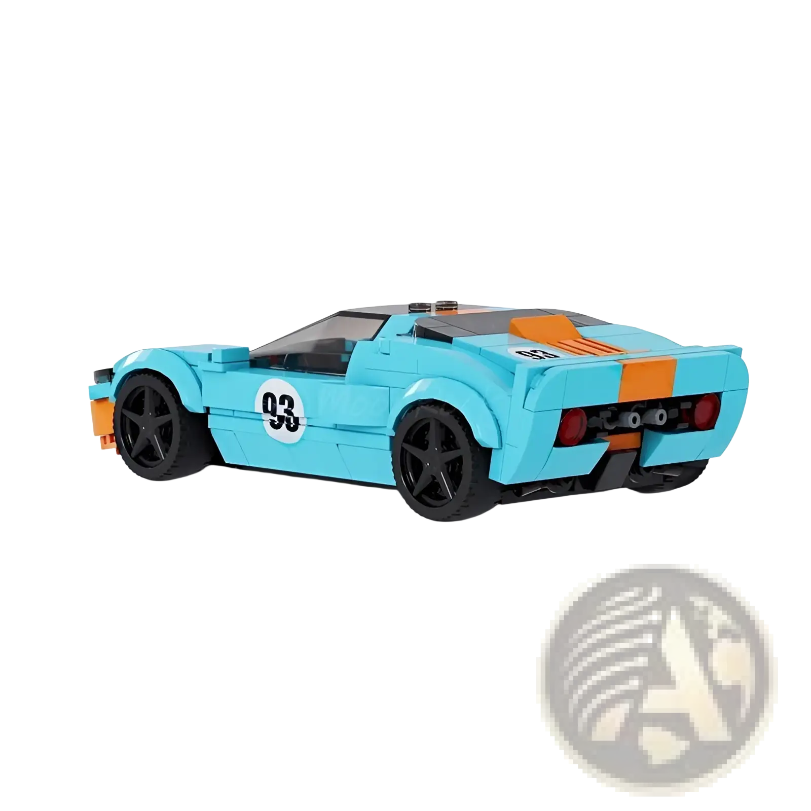 Light blue and orange lego race car model toy with black wheels made of 264 building block pieces for assembly