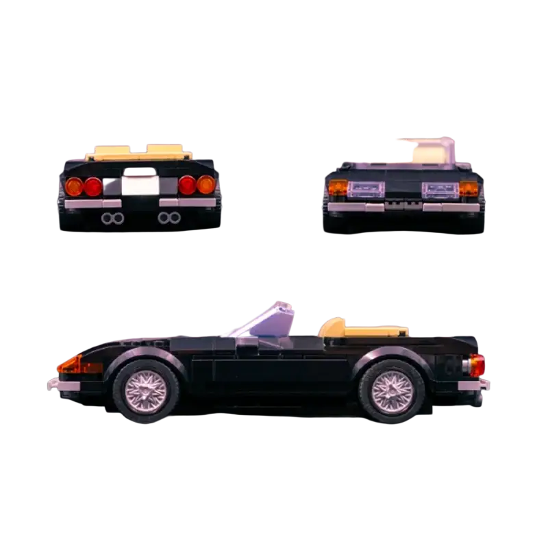 Building block sports car model made of lego compatible printed parts with black body, yellow interior, and silver wheels