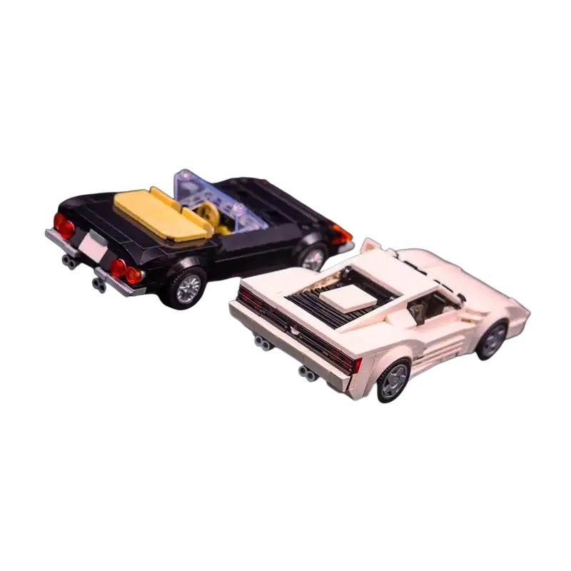 Black and white building block sports car model with detailed printed parts interiors and red taillights made of lego compatible pieces