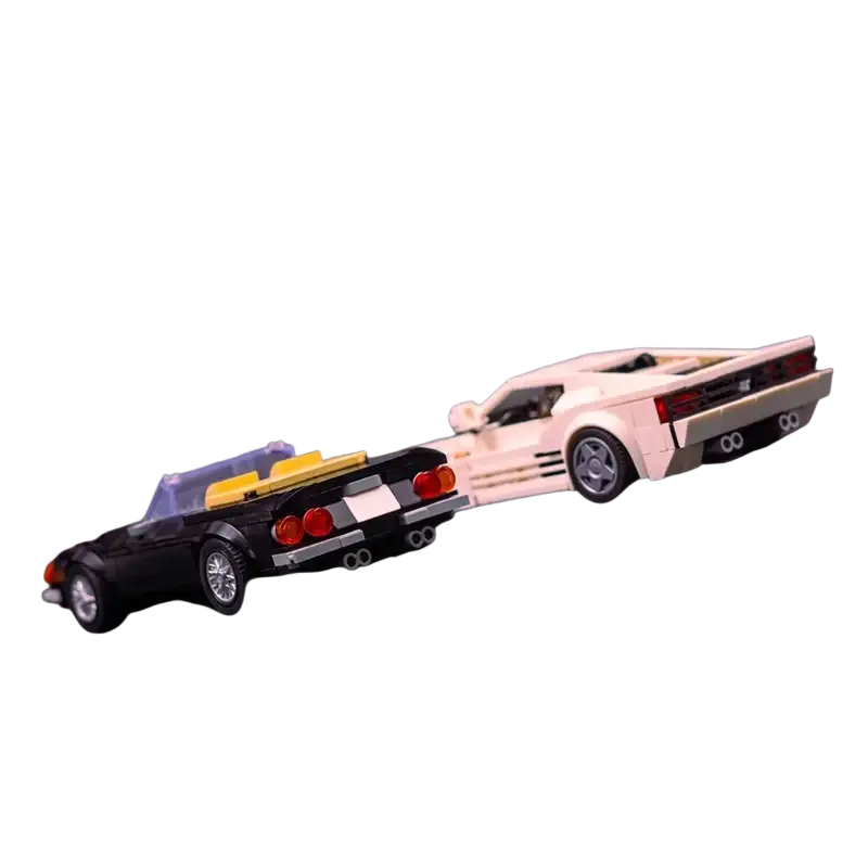Black and white lego sports car model with printed parts detailed wheels and red taillights rear view