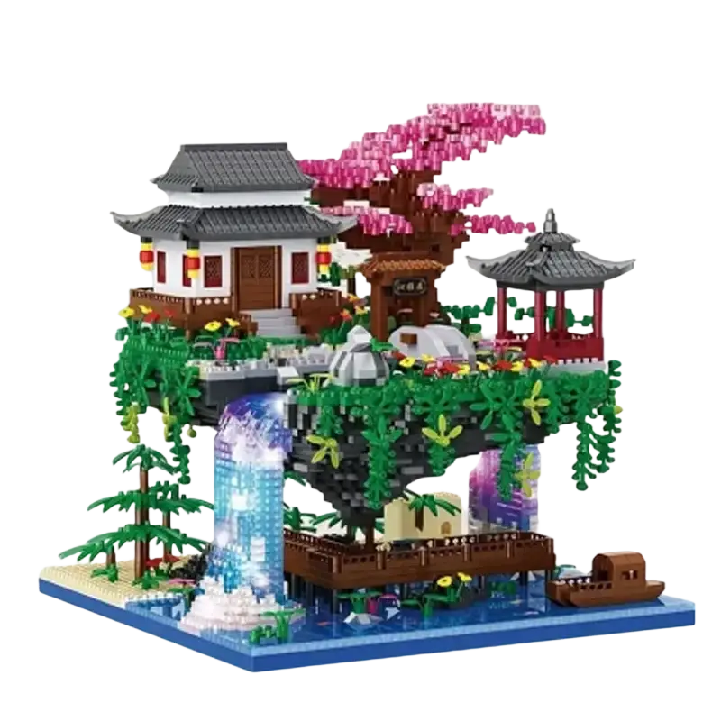 Detailed asian-themed building block toys featuring a pagoda with gray roofs red accents cherry blossoms and waterfalls