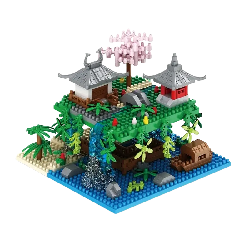 A detailed asian-themed building block toy featuring pagodas with gray roofs, cherry blossoms, waterfalls, and boats
