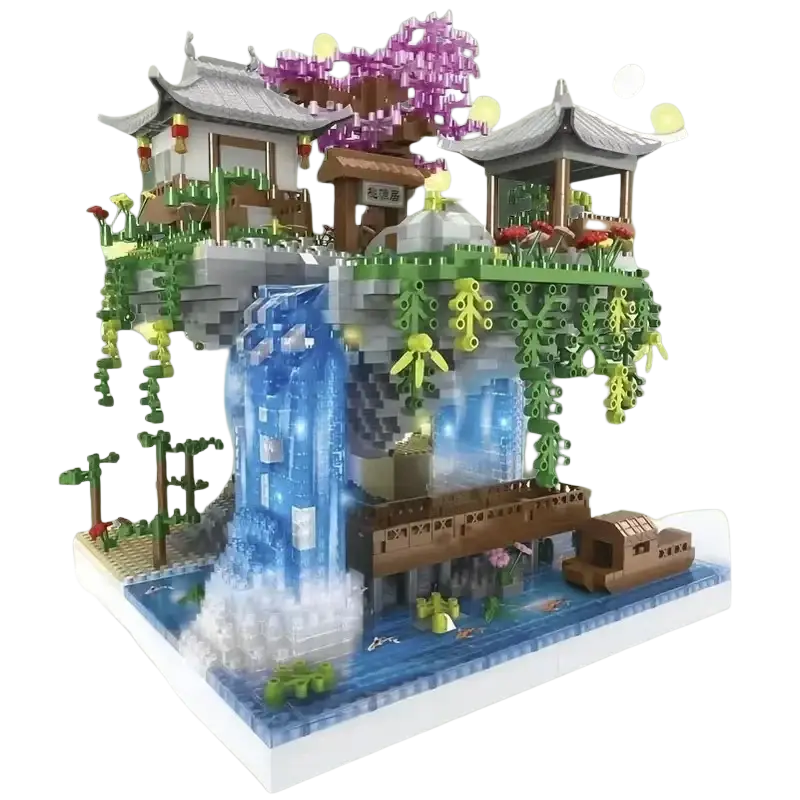 A detailed lego-style building block toy of a chinese garden waterfall pavilion with blue waterfalls and colorful flowers
