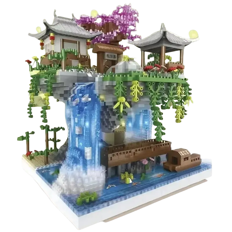 A detailed multi-level chinese garden waterfall pavilion made of colorful building block toys with cascading water feature and greenery