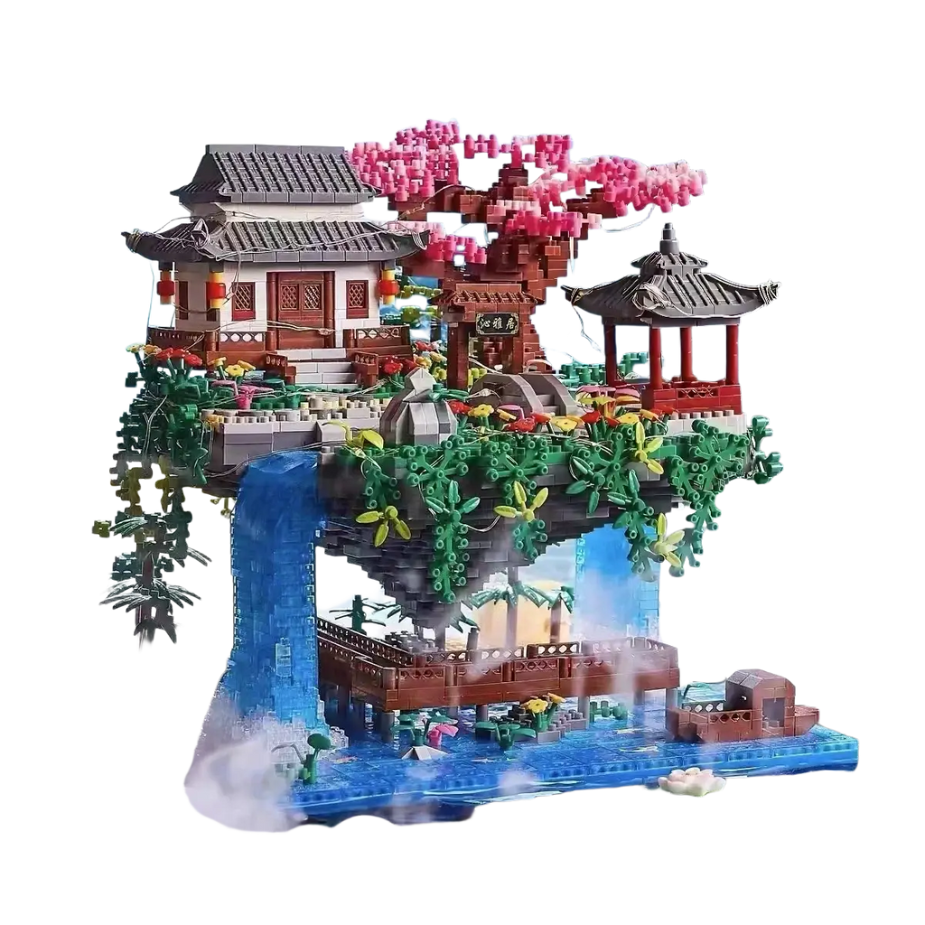 Detailed multi-level chinese garden waterfall pavilion built with pink blossoms and greenery from building block toys