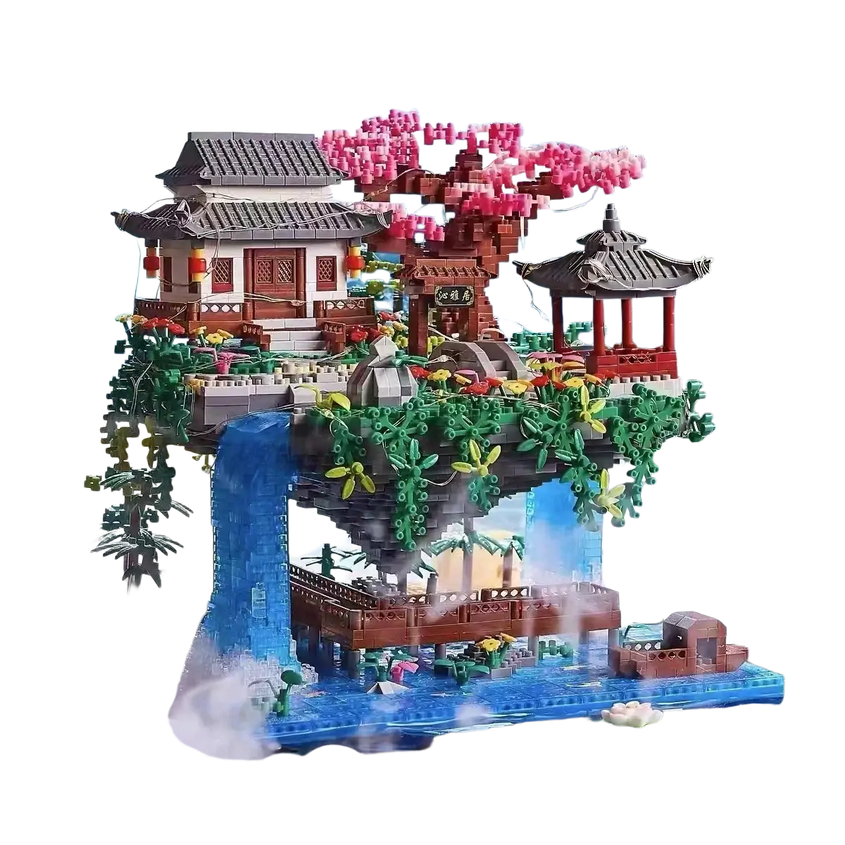Detailed multi-level chinese garden waterfall pavilion built with pink blossoms and greenery from building block toys