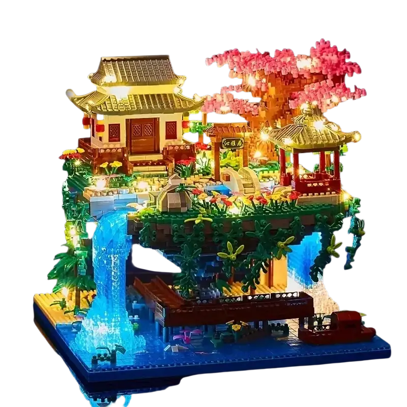 Building block toys chinese garden diorama with glowing pink blossoms and traditional architecture made of plastic blocks