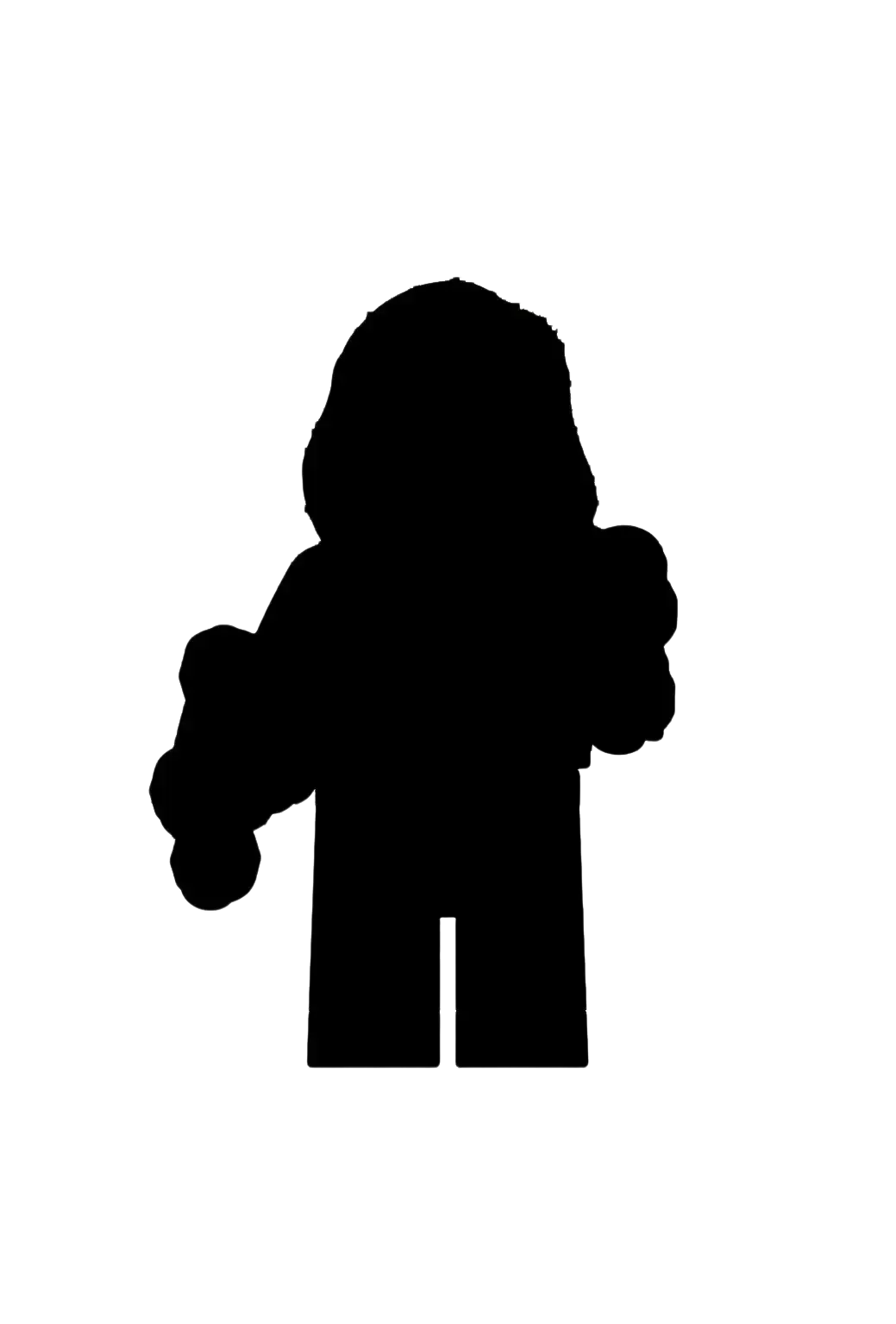 Black silhouette of a lego minifigure with long hair holding two round objects from building block x0258 x0259 action figures