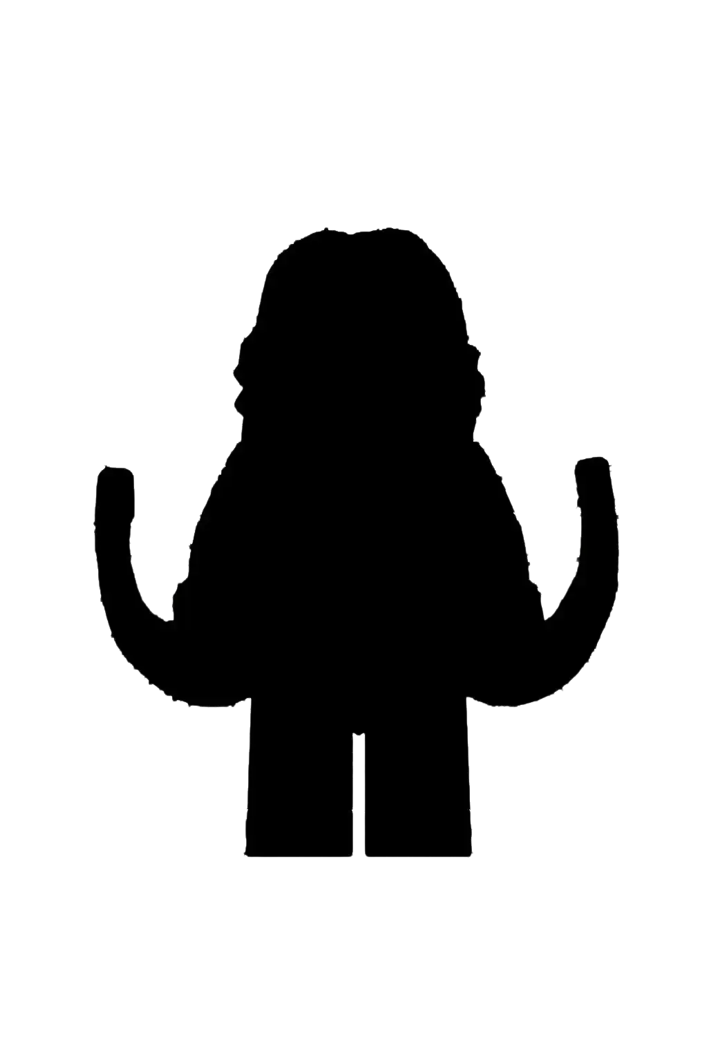Black silhouette of a lego minifigure with long hair and curved arms from building block x0258 x0259 anime hero action figures