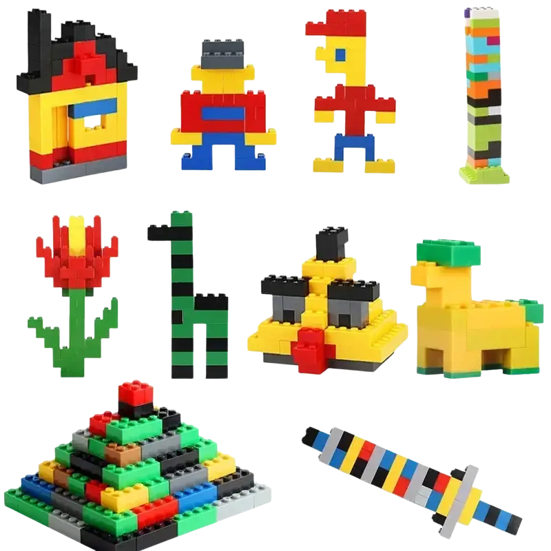 Colorful plastic building blocks arranged in various shapes from a diy creative building set of 1000 pcs