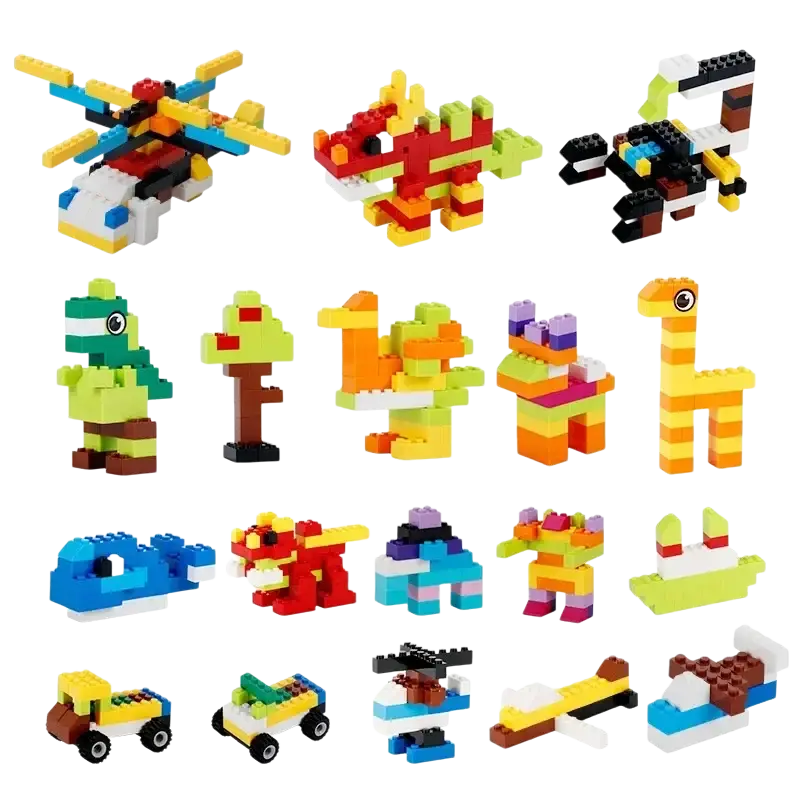 Colorful plastic diy creative building blocks arranged in a grid forming animal and vehicle figures from 1000 pcs set