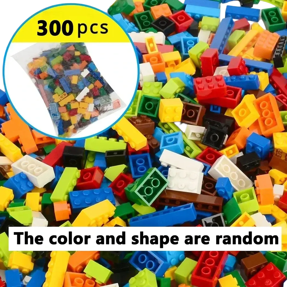 A vibrant assortment of 300 colorful plastic building blocks in various shapes for diy creative building projects