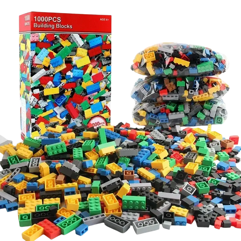 A vibrant diy creative building set of 1000 colorful plastic building blocks in assorted shapes and sizes