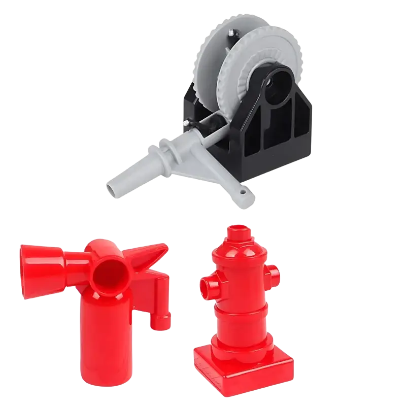 Black and gray plastic lego-style building blocks water pump with red pipe connector and fire hydrant pieces for train car toys