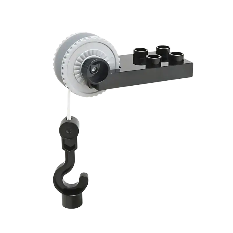 Black and gray plastic building blocks lego crane pulley system with hook for duplo compatible train car toys