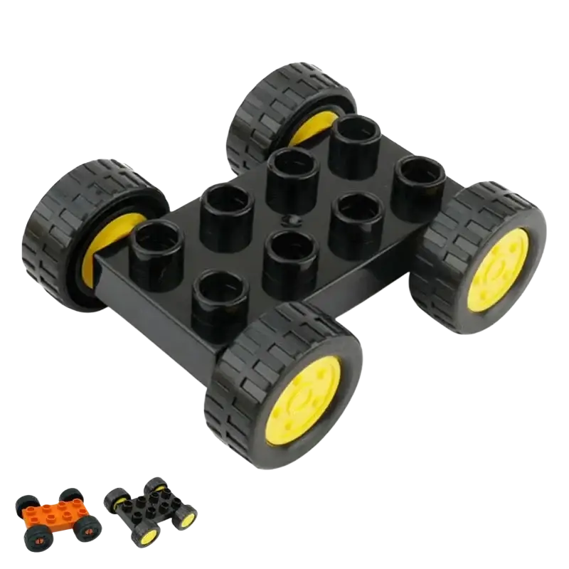 Black plastic building blocks duplo compatible train car base with four black tires and yellow hubs visible from back side