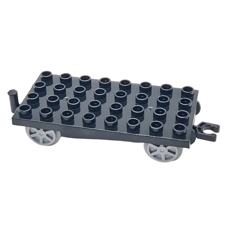 Building blocks duplo compatible black plastic train car with gray wheels and side hitch shown from the back side