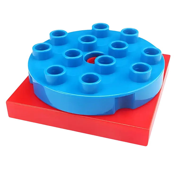 Blue circular plastic building blocks base with cylindrical pegs on red square platform for duplo compatible toys
