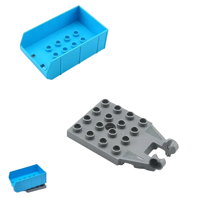 Blue plastic building blocks duplo compatible train car truck bed with gray baseplate connector piece back side view