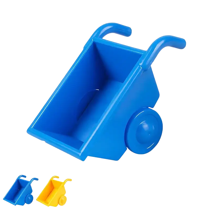 Blue plastic toy wheelbarrow with curved handles and single round wheel for building blocks duplo compatible train car toys
