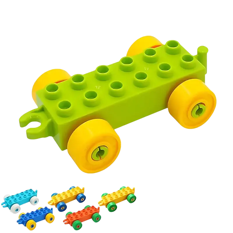 Bright green plastic building blocks train car toy with yellow wheels and classic lego-style studs for duplo compatibility