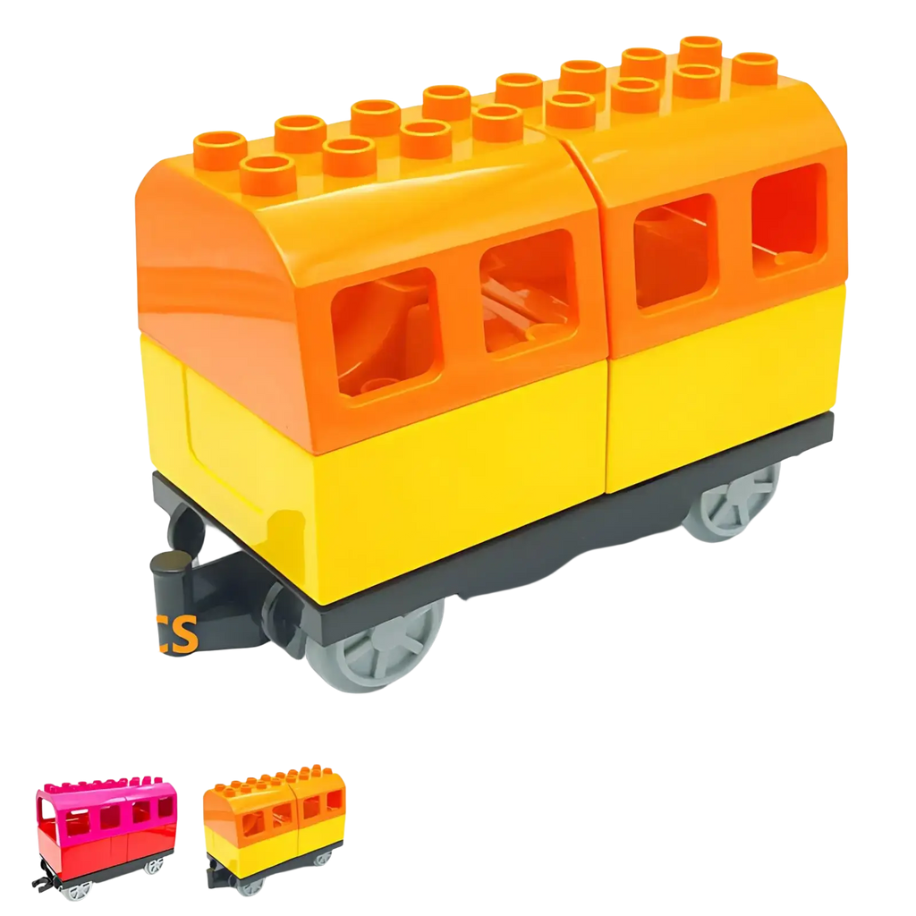 Bright orange and yellow plastic train car with gray wheels compatible with building blocks duplo toys