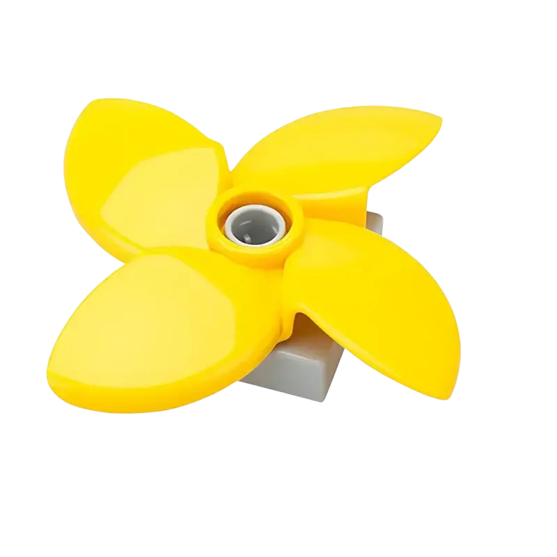 Bright yellow four-bladed plastic propeller with central hub for building blocks duplo compatible train car toys
