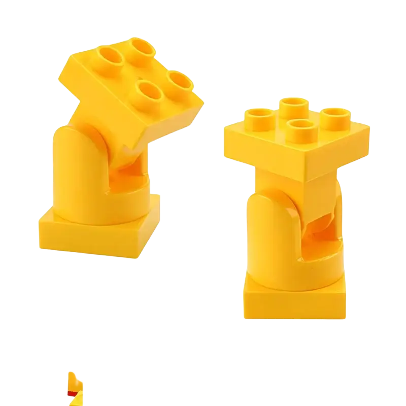 Bright yellow plastic building blocks with hinged joint design compatible with duplo train car toys