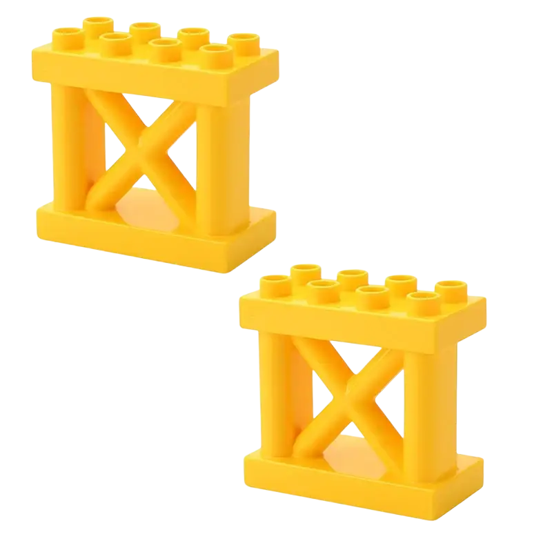 Bright yellow plastic building block with x-shaped crossbar design for building blocks duplo compatible train car toys