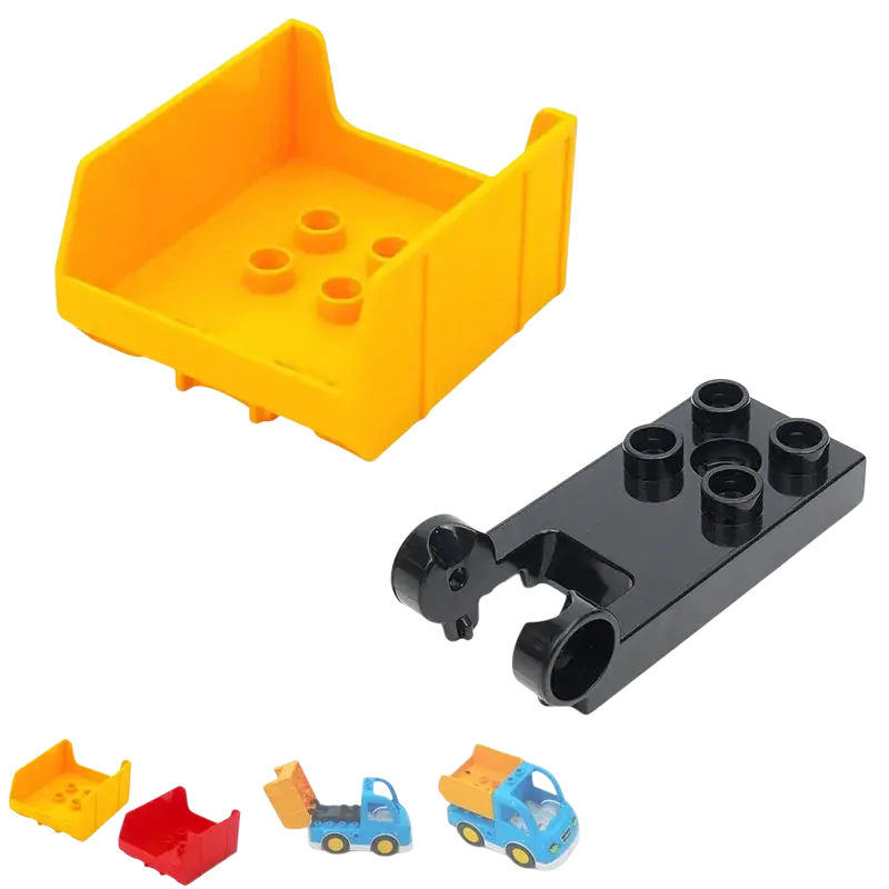 Bright yellow plastic building blocks duplo compatible train car with rectangular open top and four circular studs
