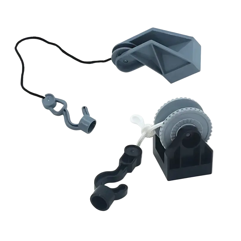 Gray plastic curtain pull with black cord and matching hook attachment for building blocks duplo compatible train car toys