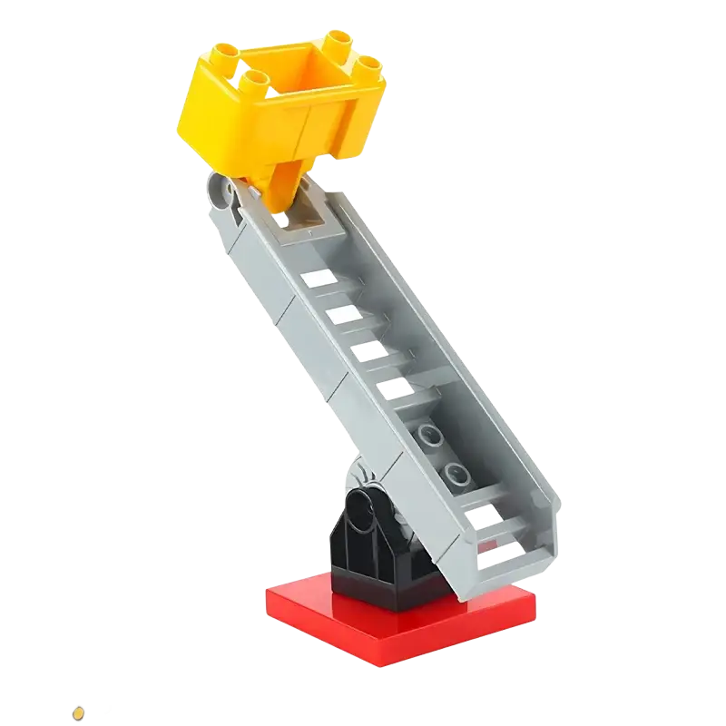 Gray plastic adjustable fire truck aerial ladder with yellow bucket and black base for building blocks train car toys