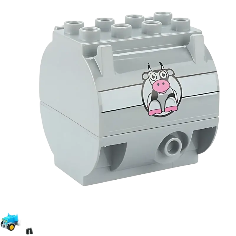 Gray plastic lego duplo cow-shaped milk tank with cartoon cow illustration for building blocks train car toys