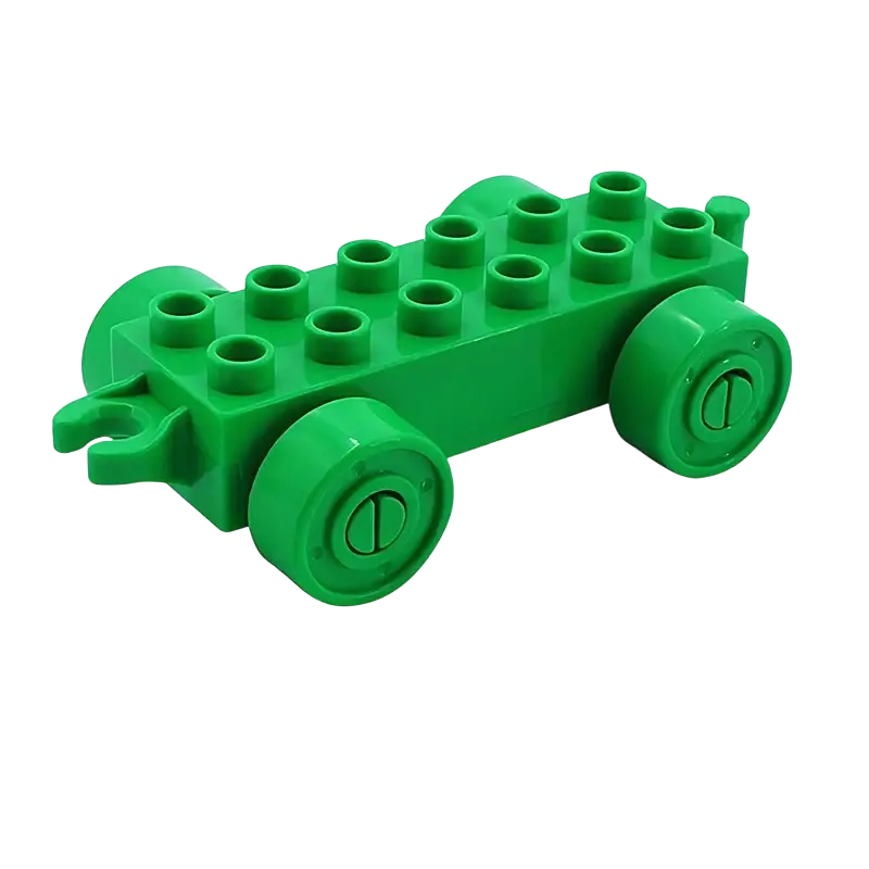 Green plastic building blocks duplo compatible train car toy with round wheels and stud connectors