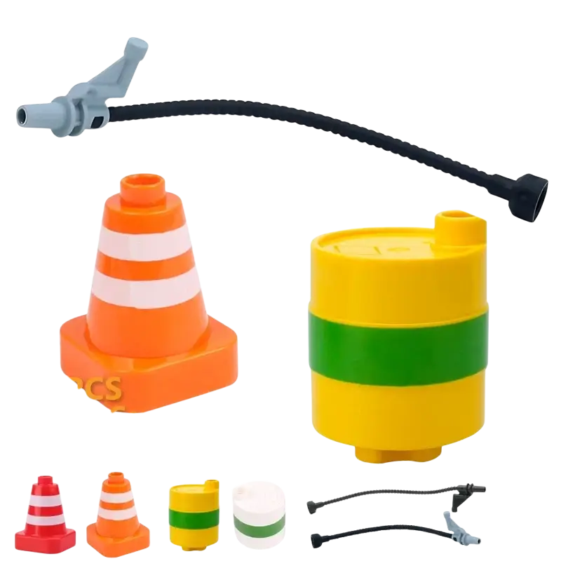 Orange and white striped plastic traffic cone with square base for building blocks duplo compatible train car toys