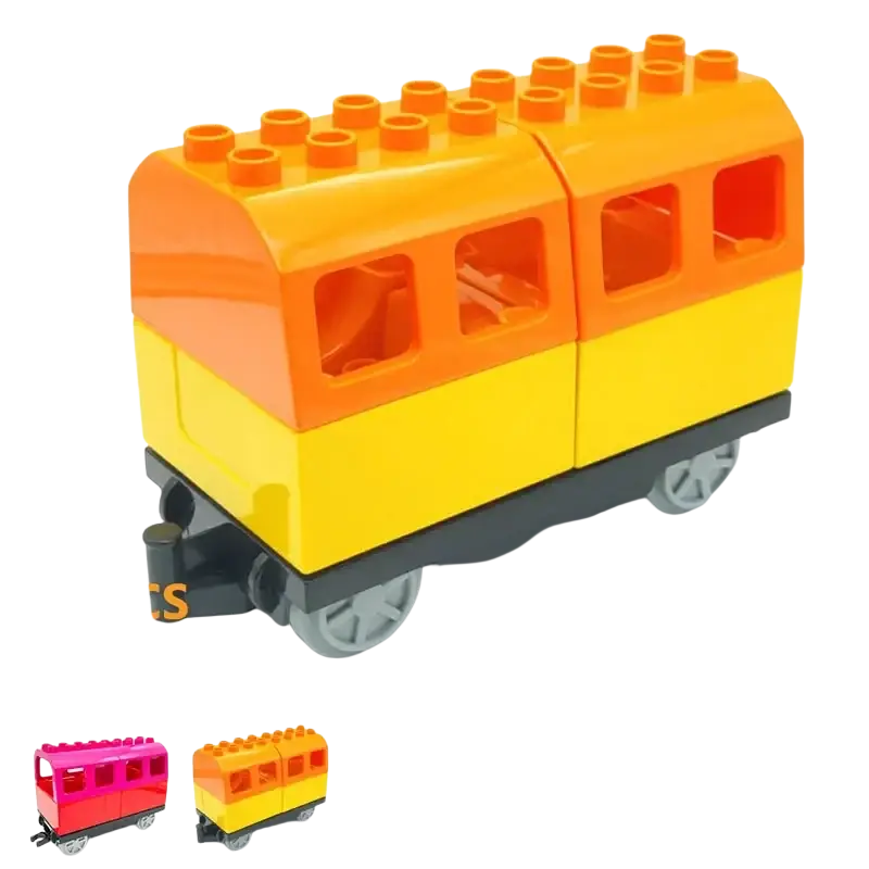 Orange and yellow two-car train toy made of interlocking plastic building blocks compatible with duplo sets