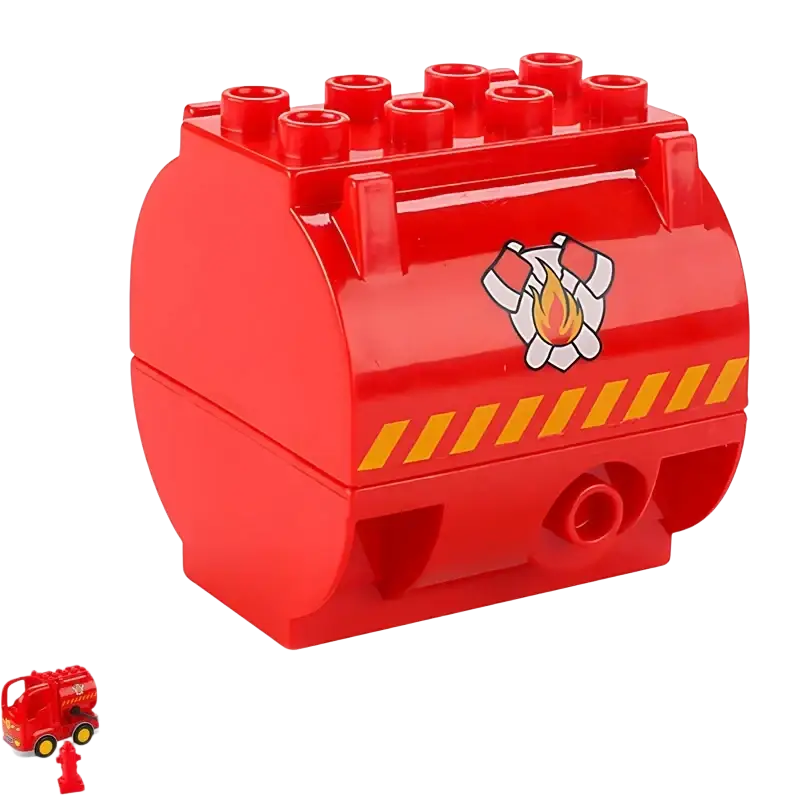 Red plastic fire hydrant building blocks with yellow hazard stripes and white firefighter emblem for duplo train toys