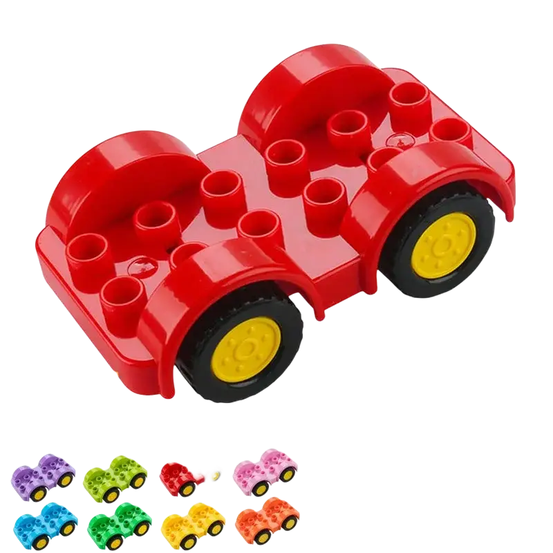 Red plastic building blocks train car toy with black tires and yellow rims compatible with duplo sets