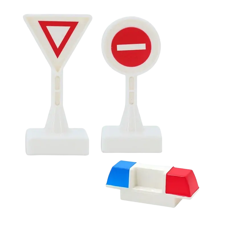White plastic building blocks toy road signs with red symbols and miniature blue and red police light for duplo train cars