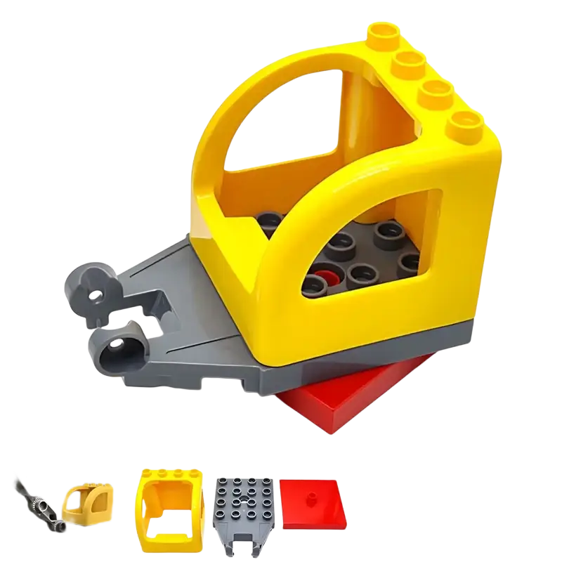 Yellow and gray lego duplo compatible building blocks train car base with red support piece for construction play