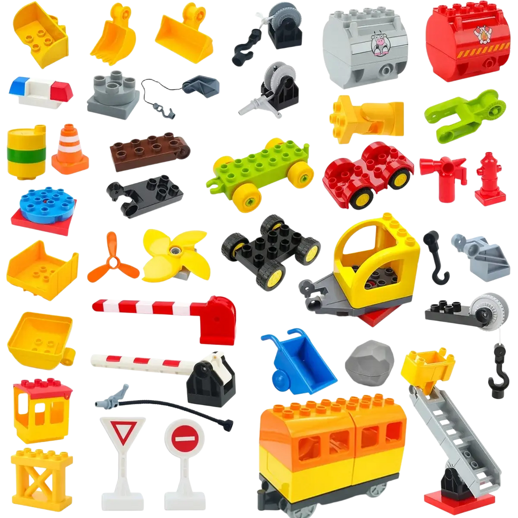 Yellow and orange building blocks duplo compatible train car toy with black wheels and gray undercarriage