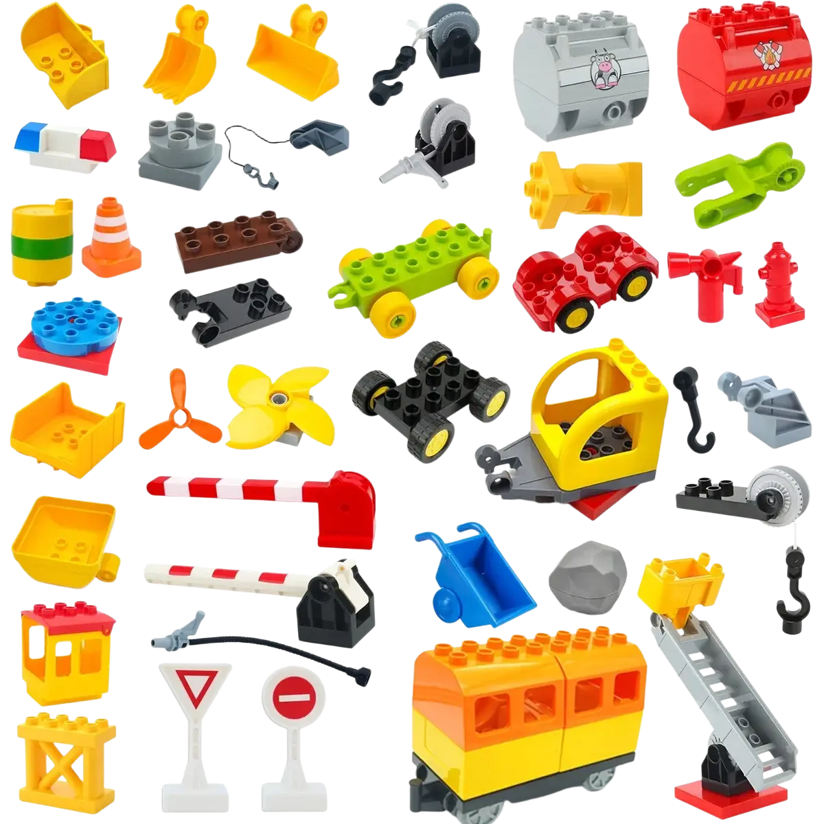 Yellow and orange building blocks duplo compatible train car toy with black wheels and gray undercarriage